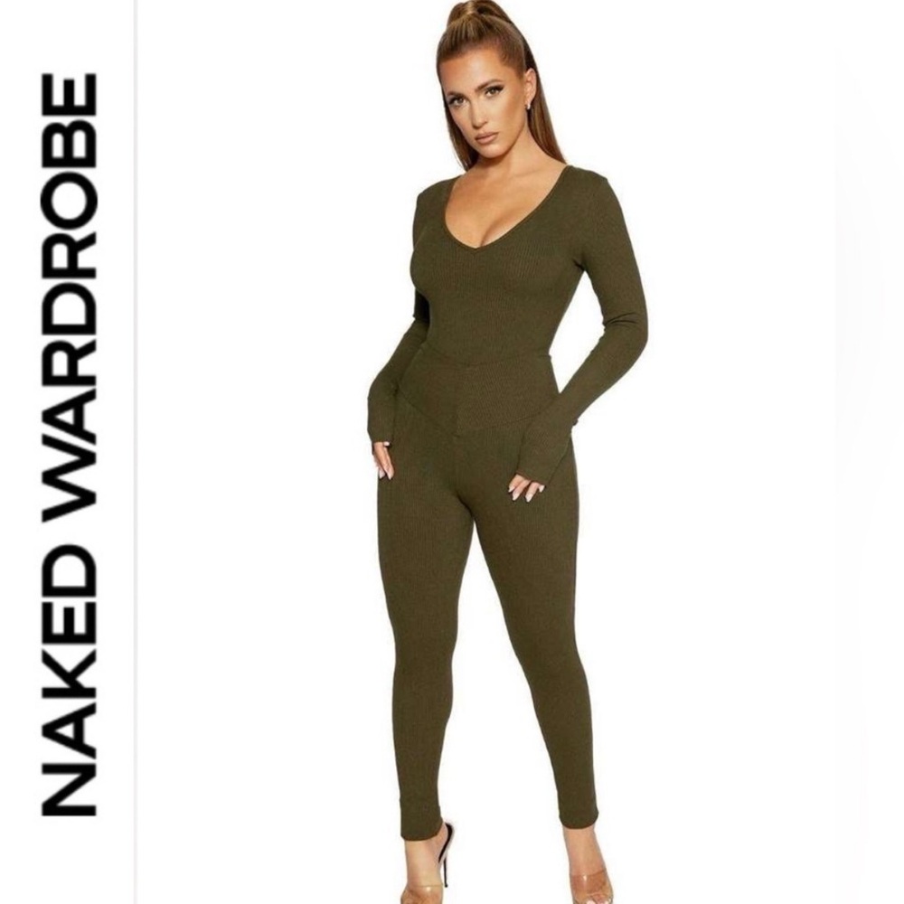 Naked Wardrobe 🫒Olive Green Bodysuit & leggings ~ XS